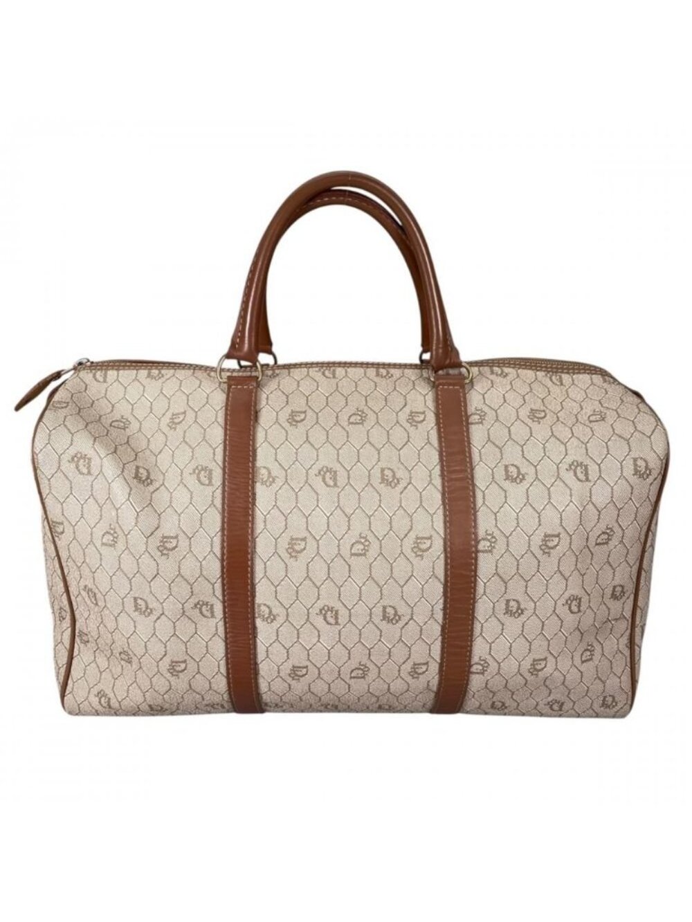 Dior Boston Bag Vintage Honeycomb Pattern Leather Beige Gold